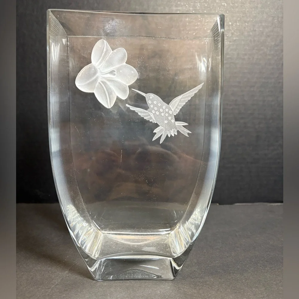 Mikasa Crystal Summer Nectar vase etched hummingbird 3D frosted crystal flower
